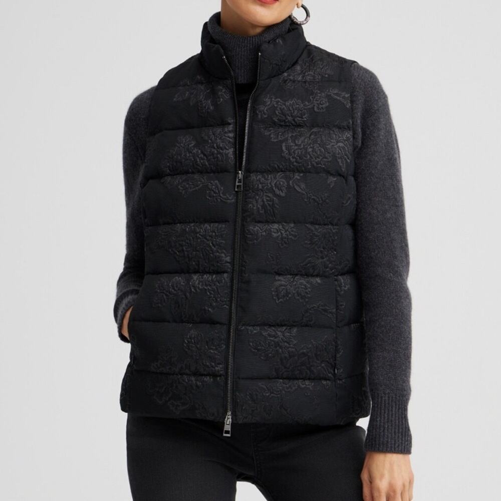 NWT Chico’s black floral metallic jacquard print puffer vest